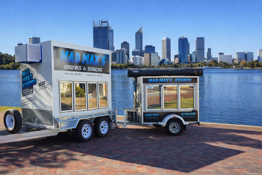 Mad Max mobile cool room trailers in Perth WA with Swan River and Perth city skyline